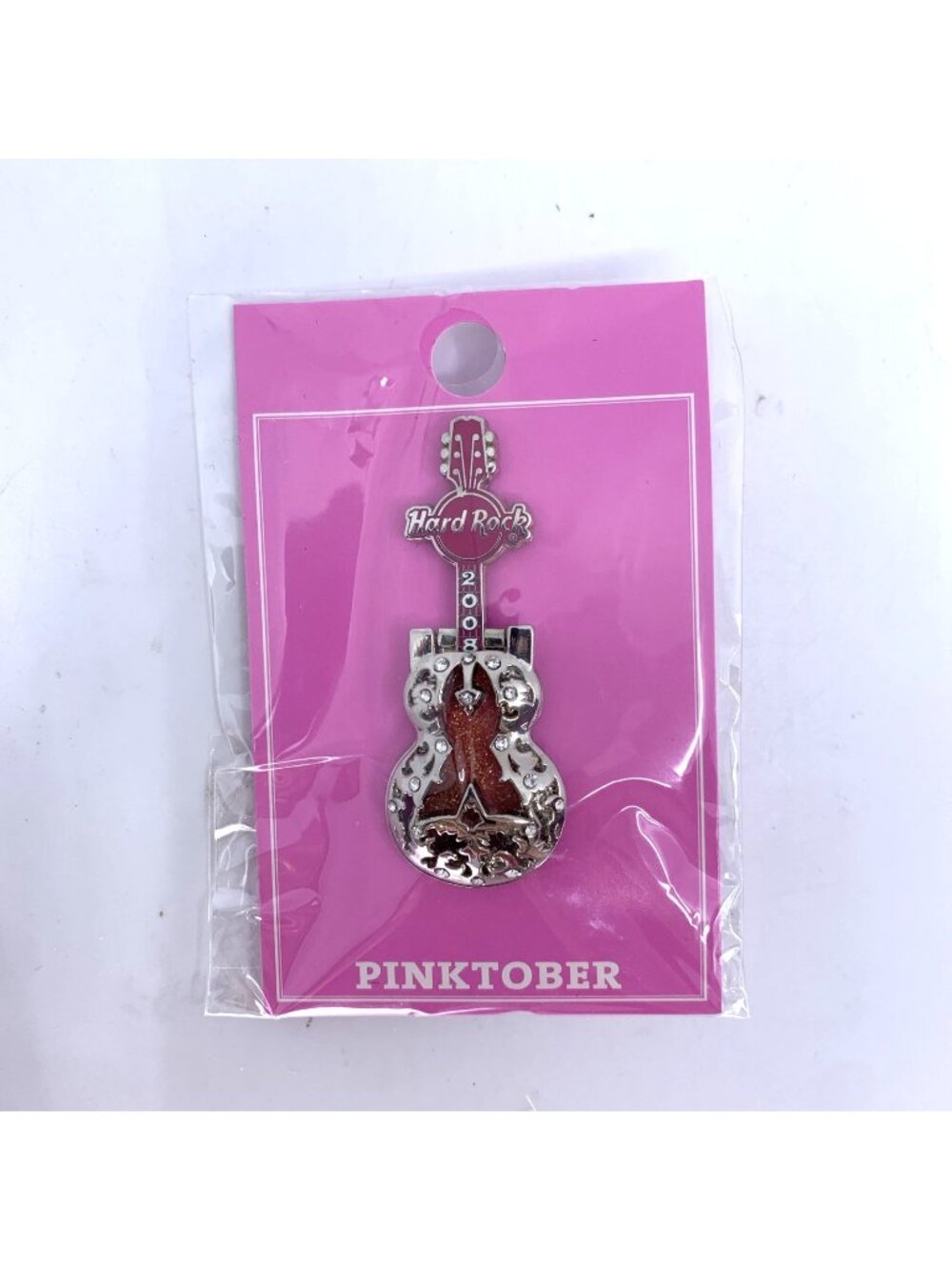 NOS Hard Rock Cafe Pinktober 2008 Guitar Pin Breast Cancer Awareness Hinged